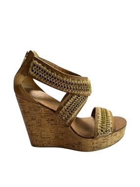 Tory Burch Lucian Tan Leather Gold Chain Strappy Wedge Sandals - Size 7 ½